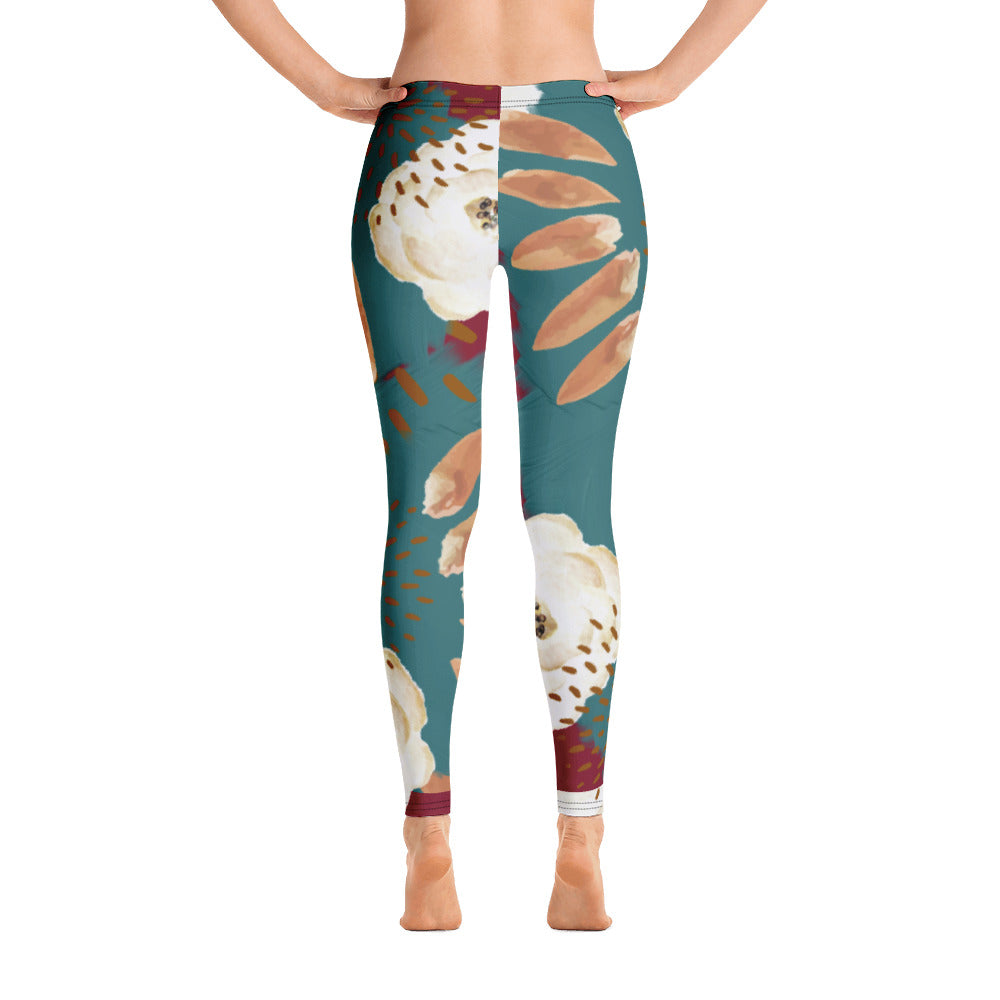 Dark Floral Leggings Burgandy Mustard Turquoise